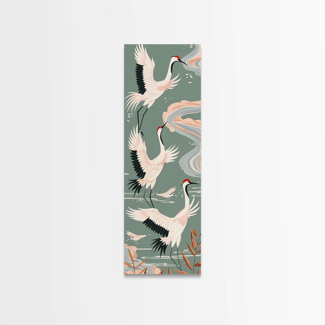 Cranes In Flight Framed Canvas Print, Traditional Japanese Art With Soft Colors And Detailed Wings, Wall Art Ready To Hang
