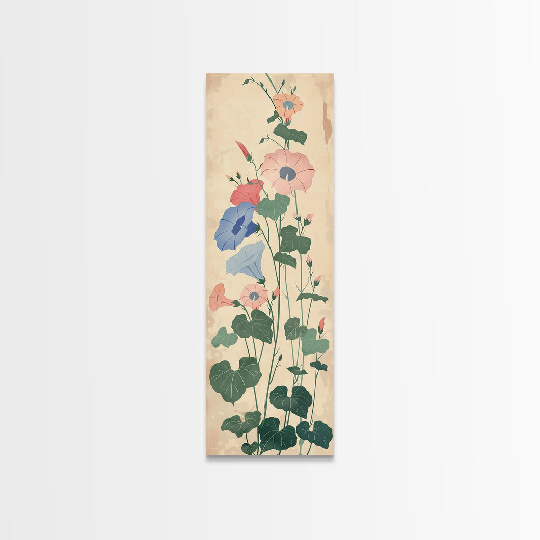 Skinny Art Tall Art Framed Canvas Print Stylized Morning Glory Blossoms In Subtle Pastel Hues Ukiyo-e Japanese Style Art Wood Block Print