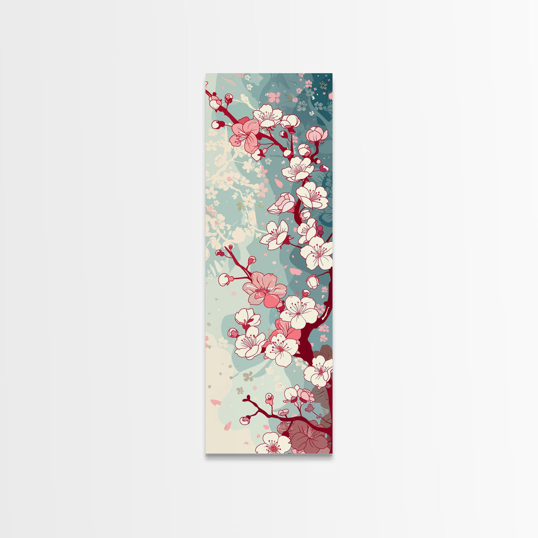 Delicate Pink Flowers On Branch Gentle Tones Skinny Art Tall Art Framed Canvas Print Japanese Style Art Ukiyo-e Art Wood Block Print Floral