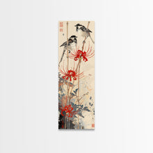 Load image into Gallery viewer, Blossoming Pink Flowers Bold Red Accents Skinny Art Tall Art Framed Canvas Print Japanese Style Art Ukiyo-e Art Wood Block Print Feminine
