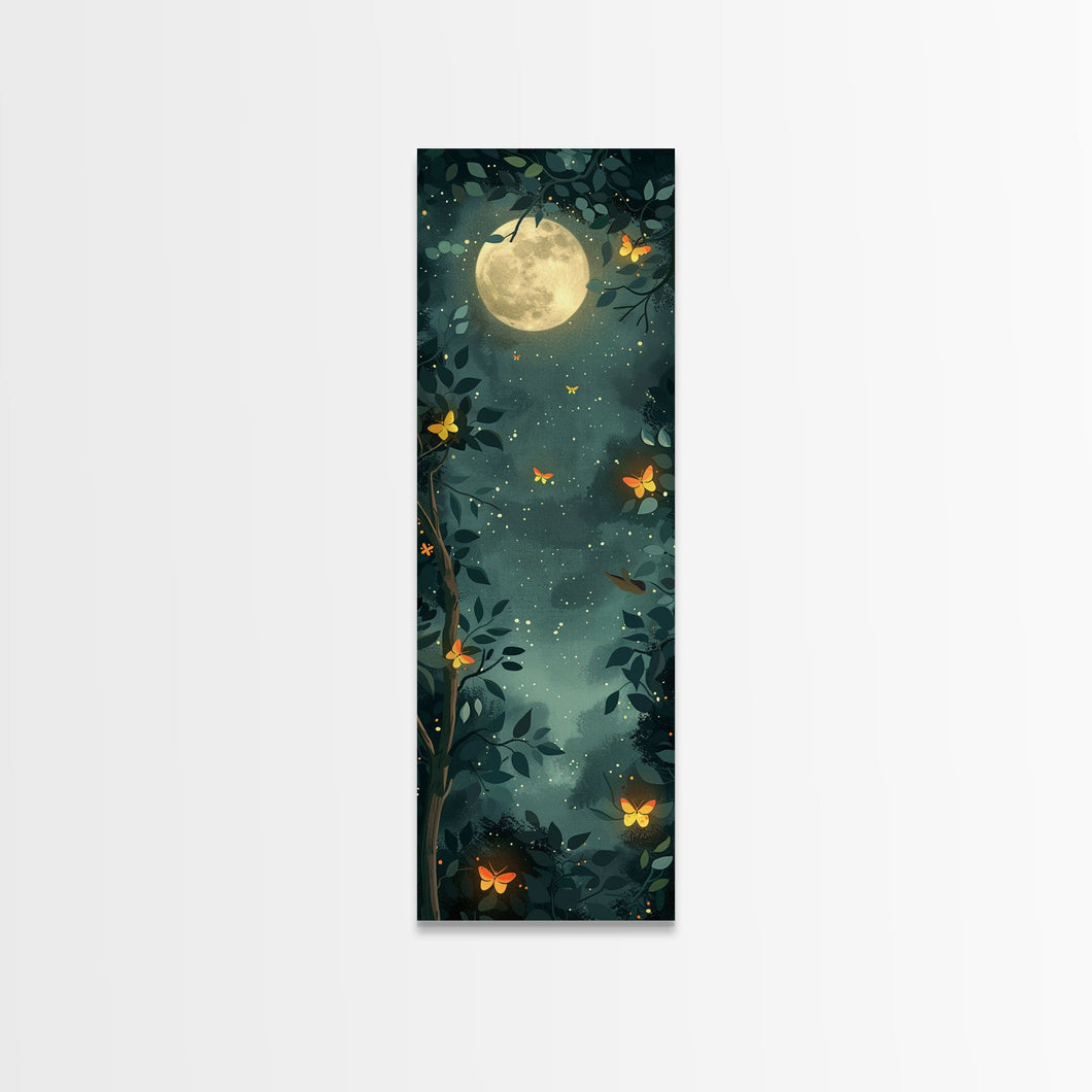 Full Moon And Butterflies In A Night Forest Japanese Style Framed Canvas Print, Wall Art Ready To Hang For Your Home