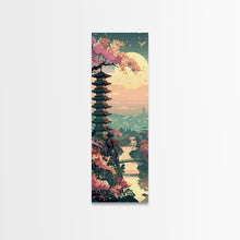 Load image into Gallery viewer, Japanese Pagoda Among Sakura Trees Under Yellow Moon Tall Art Skinny Art Framed Canvas Print Japanese Style Art Ukiyo-e Wood Block Print
