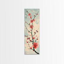 Load image into Gallery viewer, Peach Blossoms On Branch With Soft Pastel Background Tall Art Skinny Art Framed Canvas Print Japanese Style Art Ukiyo-e Wood Block Print
