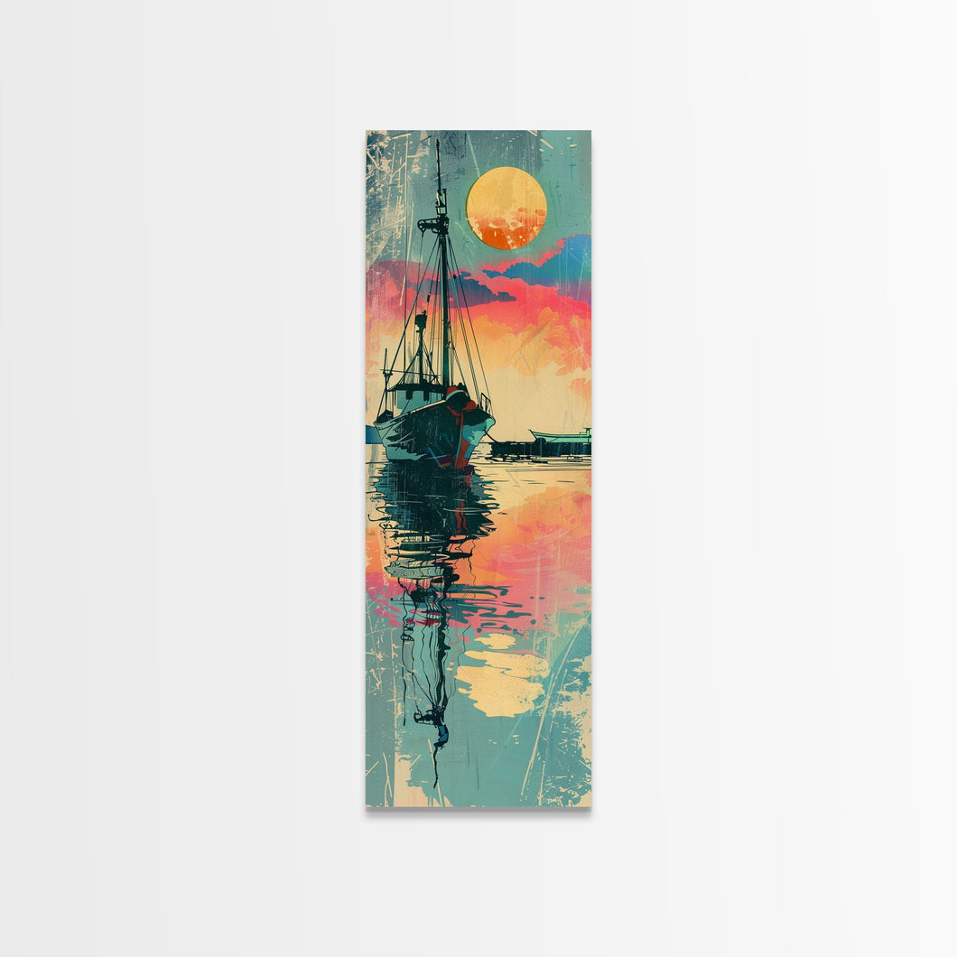 Fishing Boat Reflecting in Water with Vibrant Sunset, Japanese Art-Inspired Tall Framed Canvas Print for Wall Art
