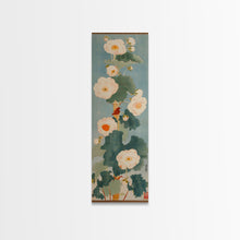 Load image into Gallery viewer, Tall White Blooms with Large Leaves on Blue Background, Framed Canvas Print in Japanese Art Style
