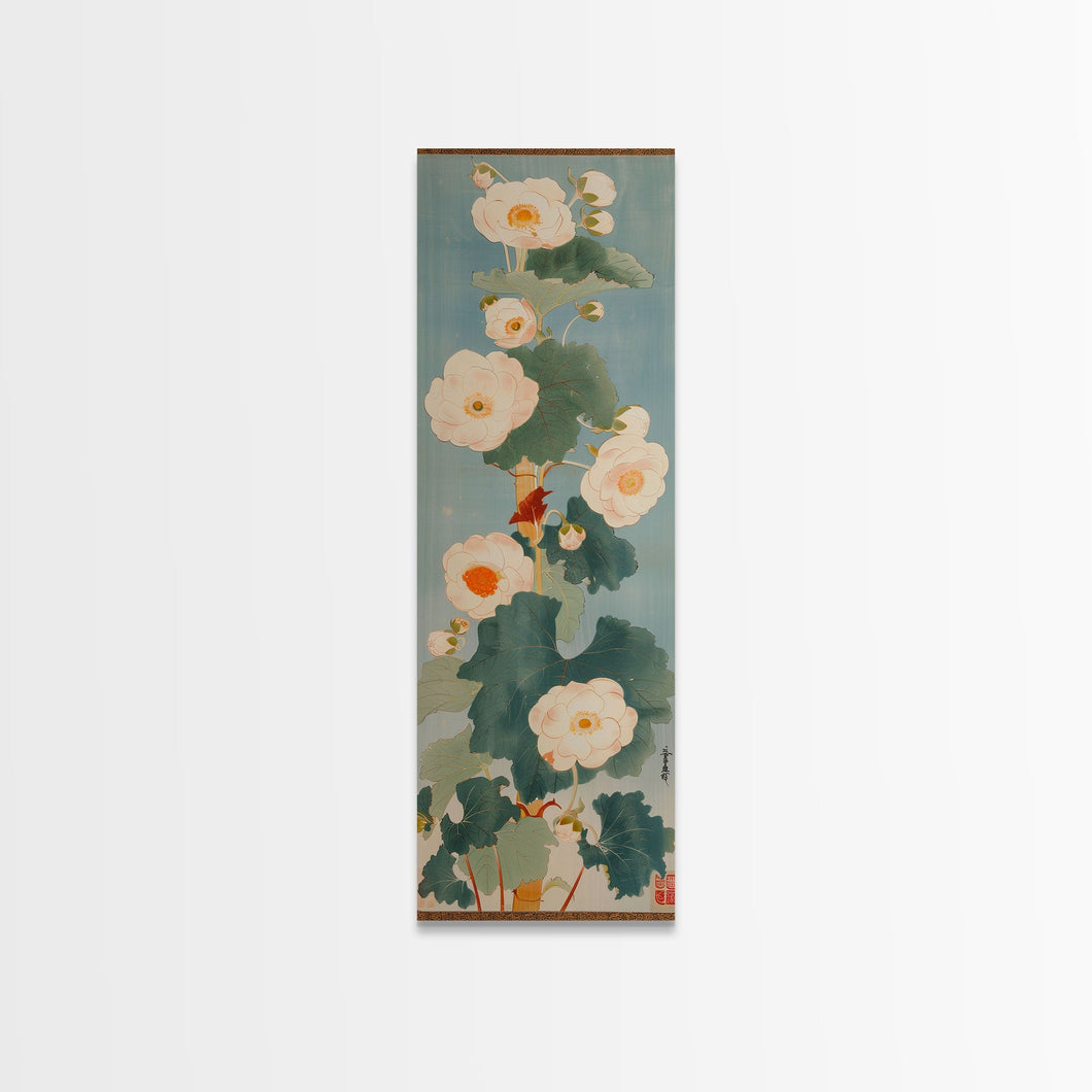 Tall White Blooms with Large Leaves on Blue Background, Framed Canvas Print in Japanese Art Style