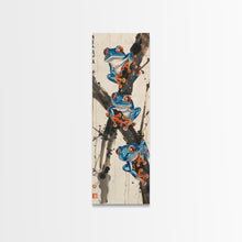 Load image into Gallery viewer, Three Blue Tree Frogs Branches Japanese Tall Wall Art Skinny Framed Canvas Print Ukiyo-e Style
