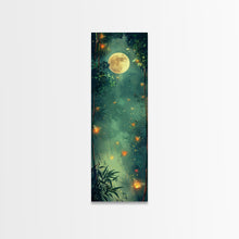 Load image into Gallery viewer, Enchanting Fireflies Illuminating Nighttime Forest Scene Under Full Moon Tall Framed Canvas Print Adding Magical Touch
