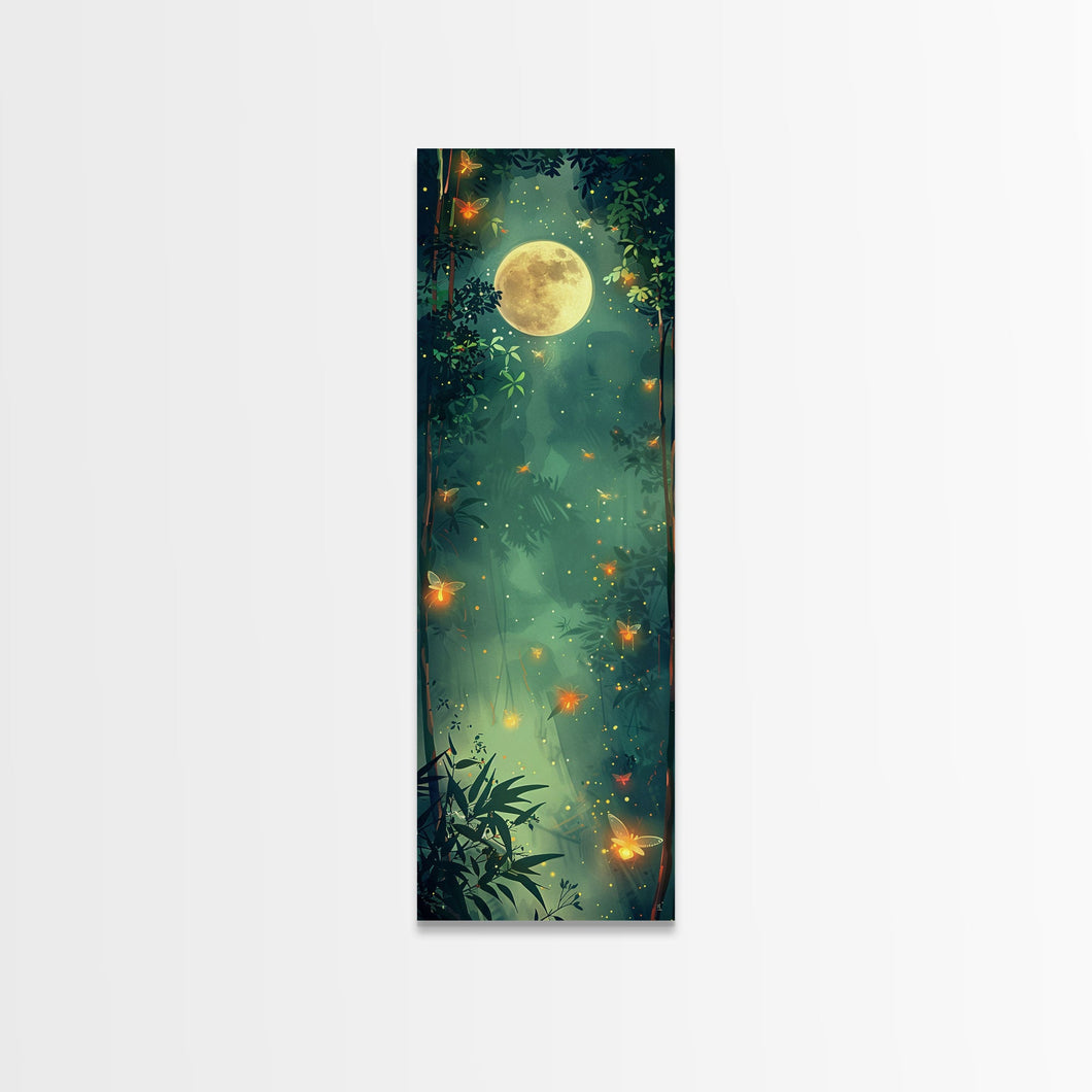 Enchanting Fireflies Illuminating Nighttime Forest Scene Under Full Moon Tall Framed Canvas Print Adding Magical Touch