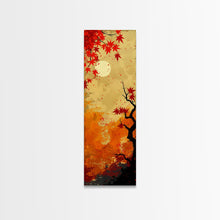 Load image into Gallery viewer, Dramatic Red Autumn Leaves Against Golden Sky Depicted Japanese Style Tall Framed Canvas Print Seasonal Wall Art

