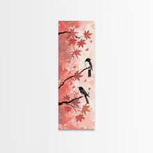 Load image into Gallery viewer, Red and Black Maple Leaves with Birds Perched on Branches Japanese Framed Canvas Print Ukiyo-e Art Skinny Tall Art
