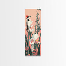 Load image into Gallery viewer, Woodpecker Perched on Stalks of Flowers against a Soft Pink Background Ukiyo-e Art Japanese Framed Canvas Print Skinny Tall Art
