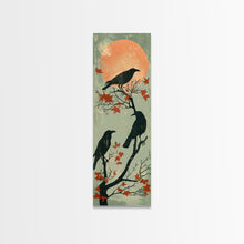 Carregar imagem no visualizador da galeria, Black Crows Japanese Art Skinny Wall Art Framed Canvas Print on Branches with Red Maple Leaves Against Warm Orange Sun
