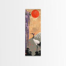 Load image into Gallery viewer, Japanese Crane Skinny Wall Art Framed Canvas Print in a Garden with Wisteria Flowers and Mount Fuji in the Background
