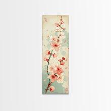 Cargar imagen en el visor de la galería, Cherry Blossom Japanese Art Skinny Wall Art Framed Canvas Print in Light Pastel Colors on Branch Against Subtle Green Background
