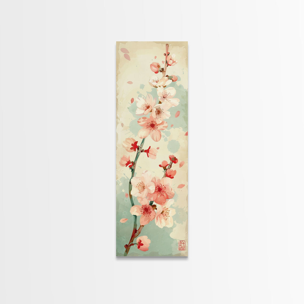 Cherry Blossom Japanese Art Skinny Wall Art Framed Canvas Print in Light Pastel Colors on Branch Against Subtle Green Background