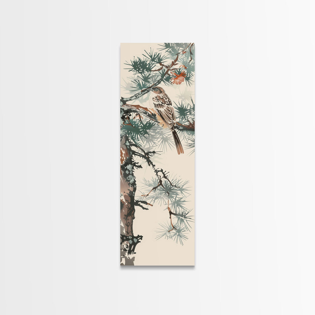 Canvas Print Sparrow Perched On Pine Tree Branch, Subtle And Serene Japanese Nature Scene For Tranquil Home Decor, Wall Decoration