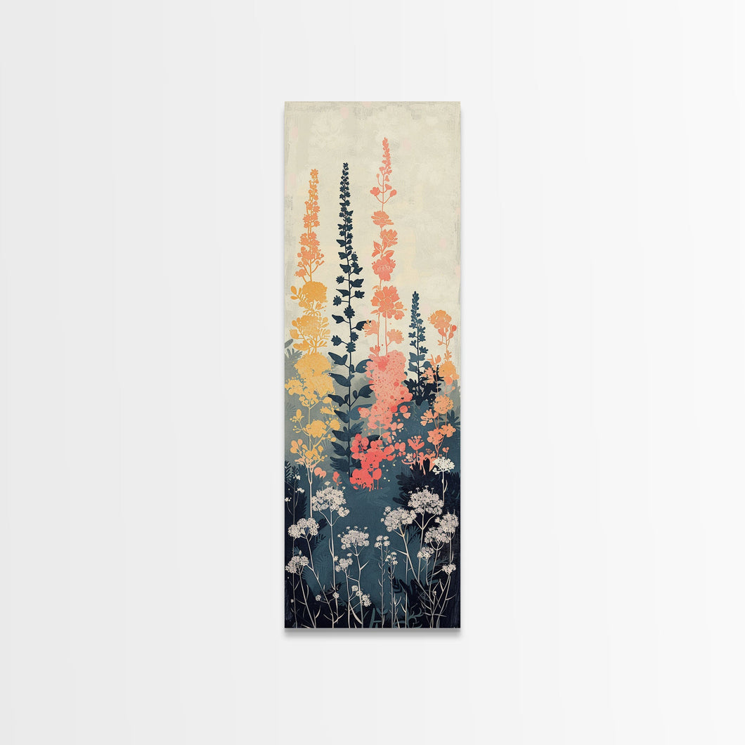 Framed Canvas Print Of Elegant Wildflowers Set Against A Soft Background, Skinny Art, Tall Art, Japanese Style Art, Ukiyo-e Art, Wood Block Print