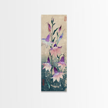 Load image into Gallery viewer, Tall Art Featuring Elegant Bellflowers In Soft Purples And Pinks Against A Muted Background, Skinny Art, Japanese Style Art, Ukiyo-e Art, Framed Canvas Print, Wood Block Print
