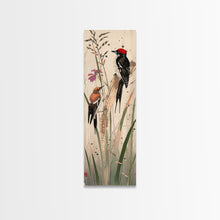 Load image into Gallery viewer, Detailed Woodpeckers Perched On Stems Amid Nature For Rustic Wall Art Ukiyo-e Japanese Style Art Skinny Framed Canvas Print
