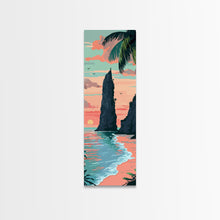 Load image into Gallery viewer, Towering Coastal Rock Formation During Sunset With Palm Trees For Serene Beach Wall Art Japanese Style Framed Canvas Print
