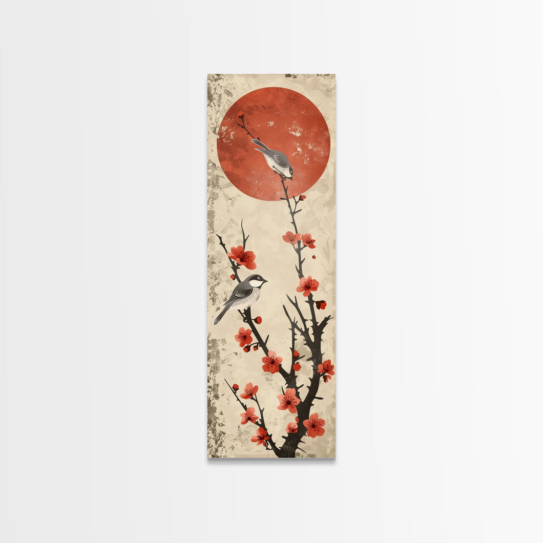 Delicate Birds Perched On Blooming Branch With Red Sun For Traditional Japanese Wall Art Decor Ukiyo-e Style Framed Canvas Print