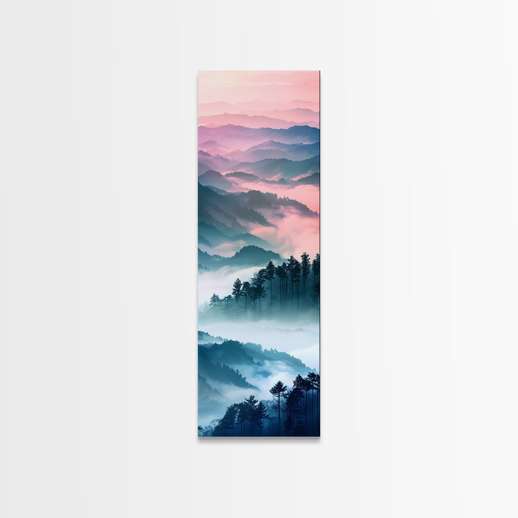 Dreamy Layers Of Misty Mountains At Dawn – Framed Canvas Print Skinny Art And Tall Art, Emphasizing Ukiyo-E Art And Japanese Style Art