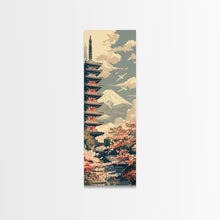 Load image into Gallery viewer, Japanese Pagoda With Mt Fuji And Cherry Blossoms – Framed Canvas Print Featuring Skinny Art Tall Art, Highlighting Ukiyo-E Art And Japanese Style Art
