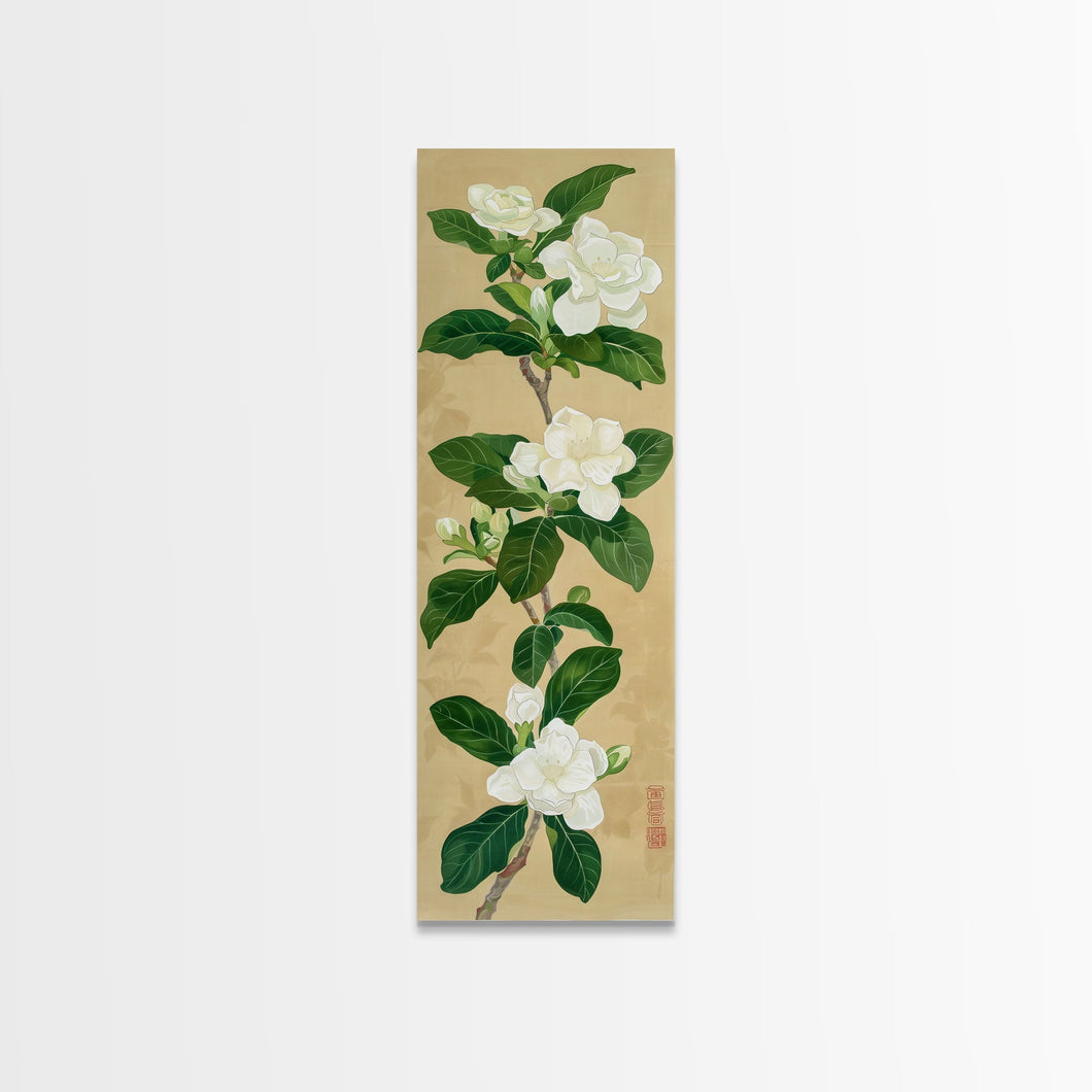 Magnolia Flowers On A Branch - Skinny Art Tall Art Framed Canvas Print Japanese Style Art Ukiyo-e Art