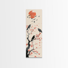 Load image into Gallery viewer, Crows On Bare Tree Branches Against Red Sun Skinny Art Wood Block Print Japanese Style Art Framed Canvas Print Tall Art Ukiyo-e Art
