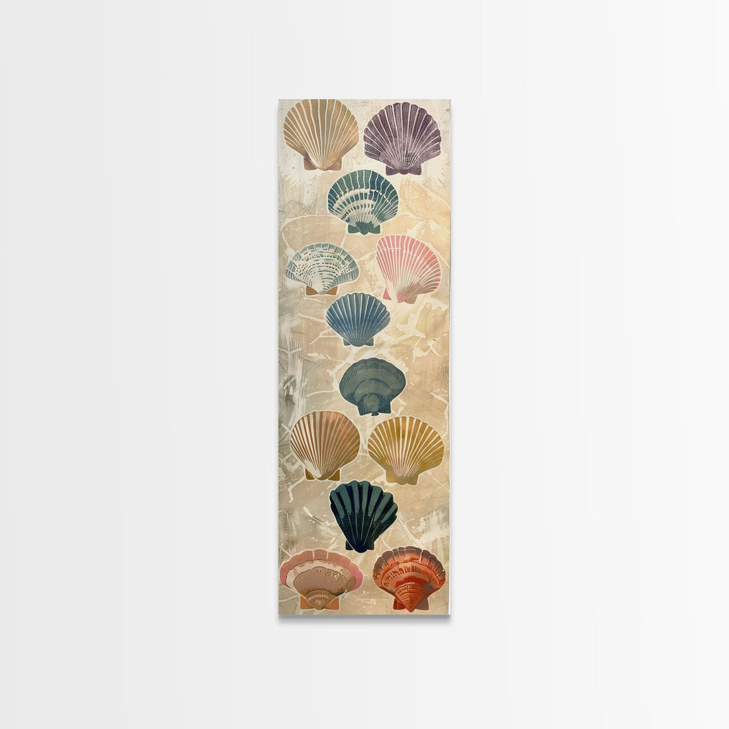 Colorful Shells On Textured Background Skinny Art Wood Block Print Japanese Style Art Framed Canvas Print Tall Art Ukiyo-e Art