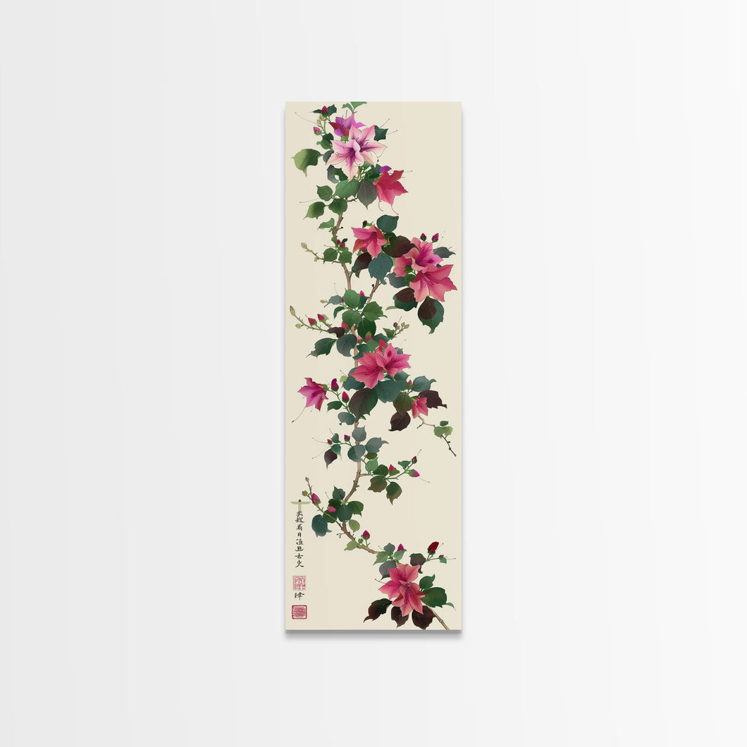Pink Hibiscus Flowers On Branch Skinny Art Wood Block Print Japanese Style Art Framed Canvas Print Tall Art Ukiyo-e Art