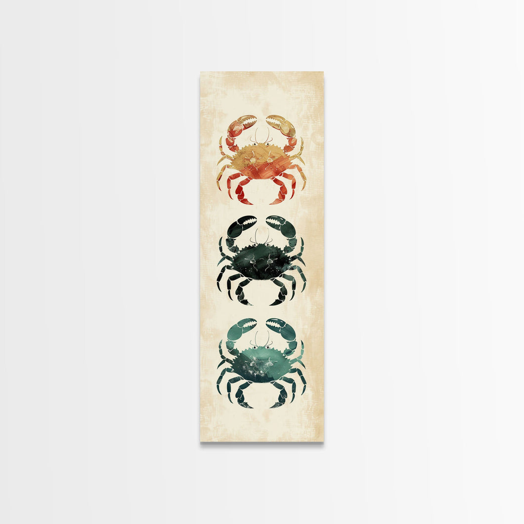 Coastal Crabs Skinny Art Tall Art Japanese Ukiyo-e Inspired Nautical Framed Canvas Print for Beach House or Ocean Lovers
