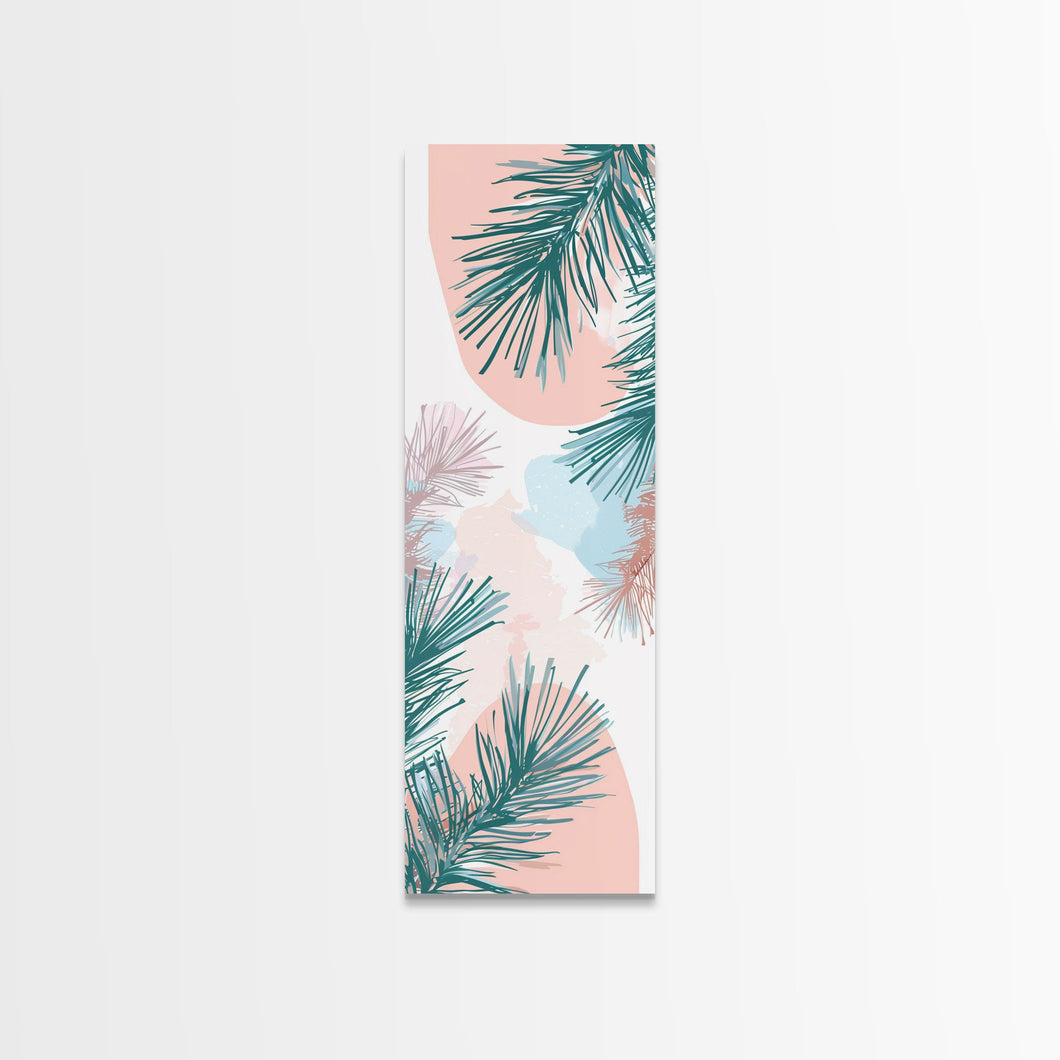 Elegant Pine Branches on Soft Pastel Background - Skinny Art, Japanese Wall Decor, Framed Canvas Print, Ukiyo-e Style
