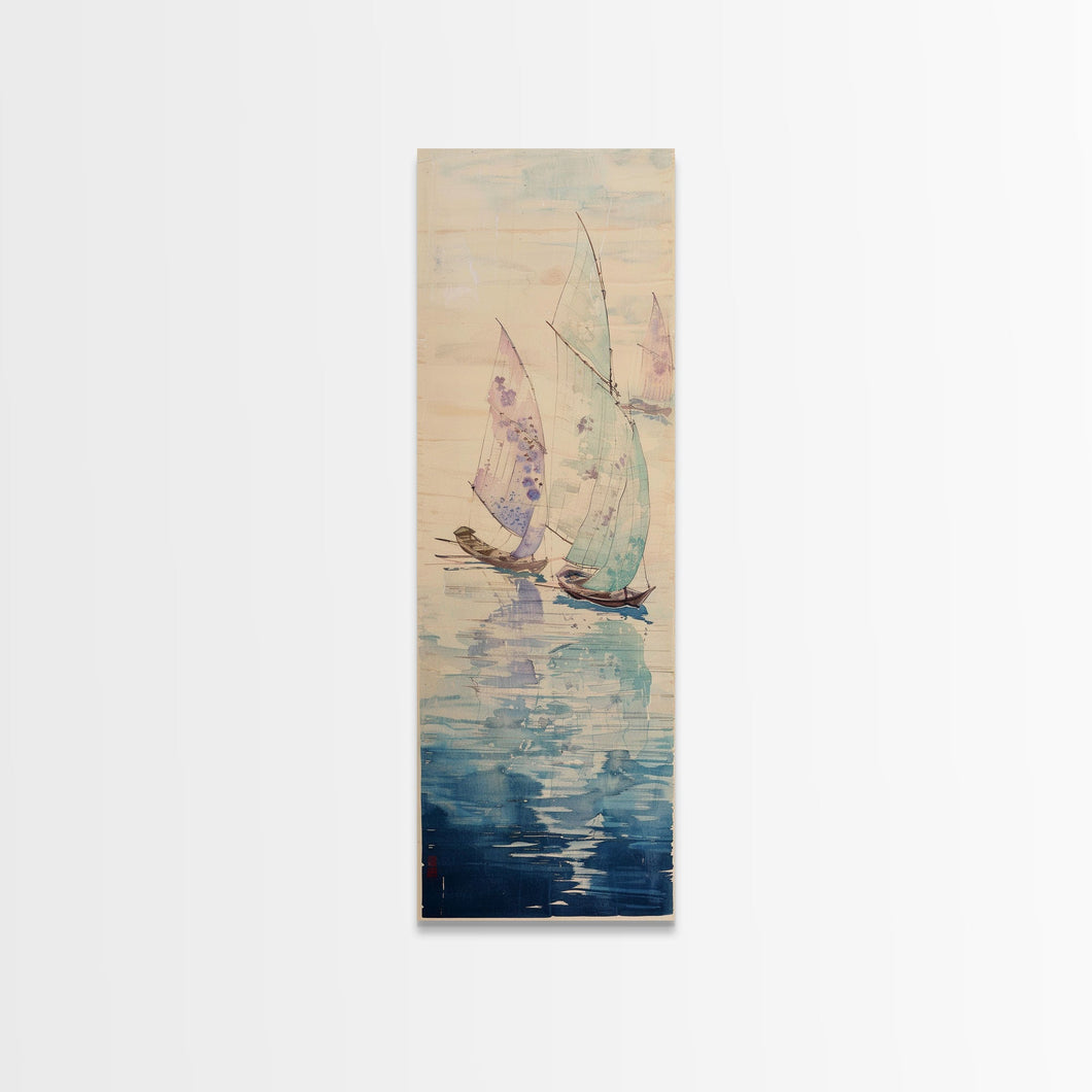Sailboats On Calm Sea Canvas In Japanese Ukiyo-e Style, Traditional Woodblock Print, Framed Canvas Print, Tall Skinny Japanese Wall Art, Ready To Hang