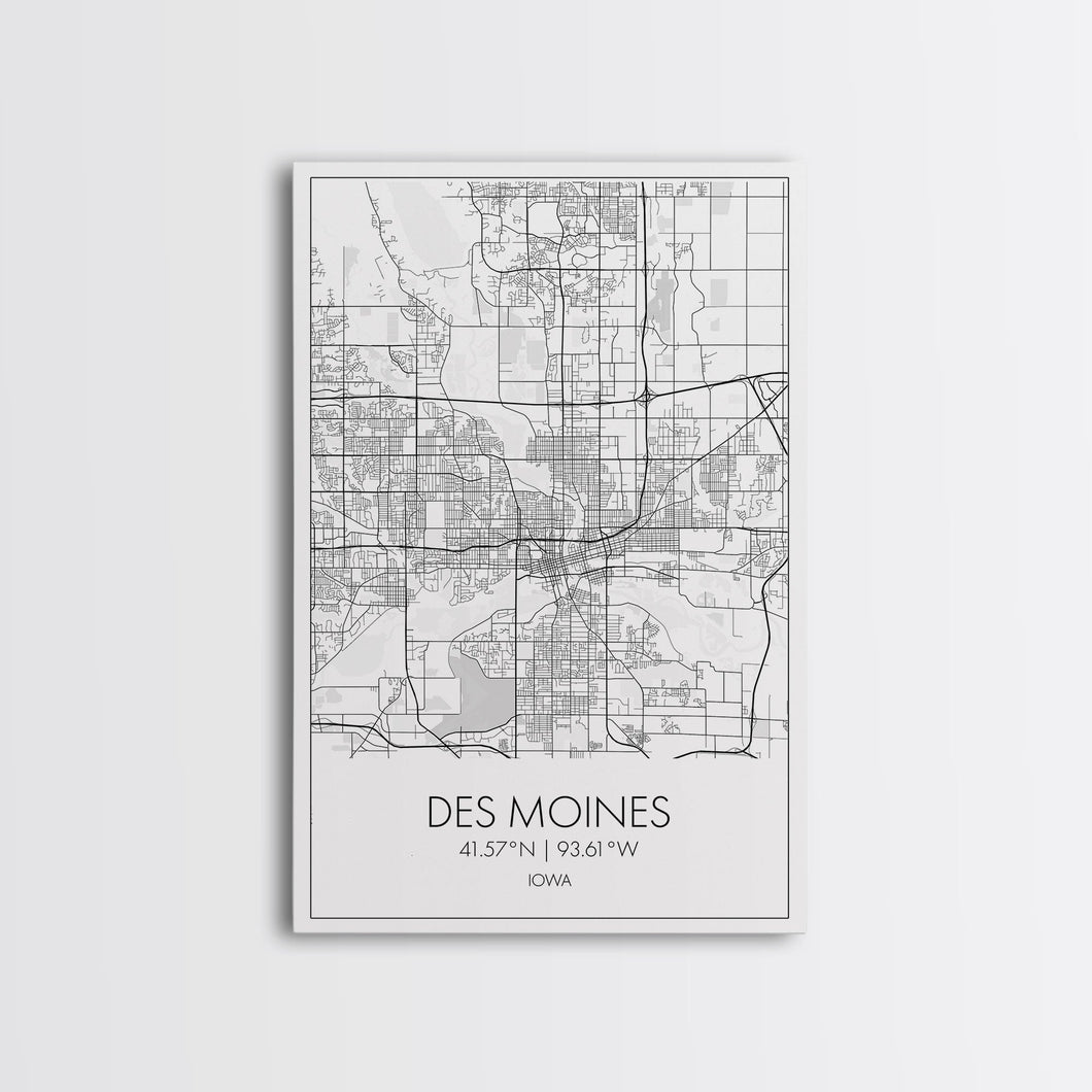 Des Moines Street Map, Iowa Map, City Map Art, Minimalist Art, Wall Art, Canvas Print, Girlfriend Gift, Travel Wall Art, Dorm Room Art