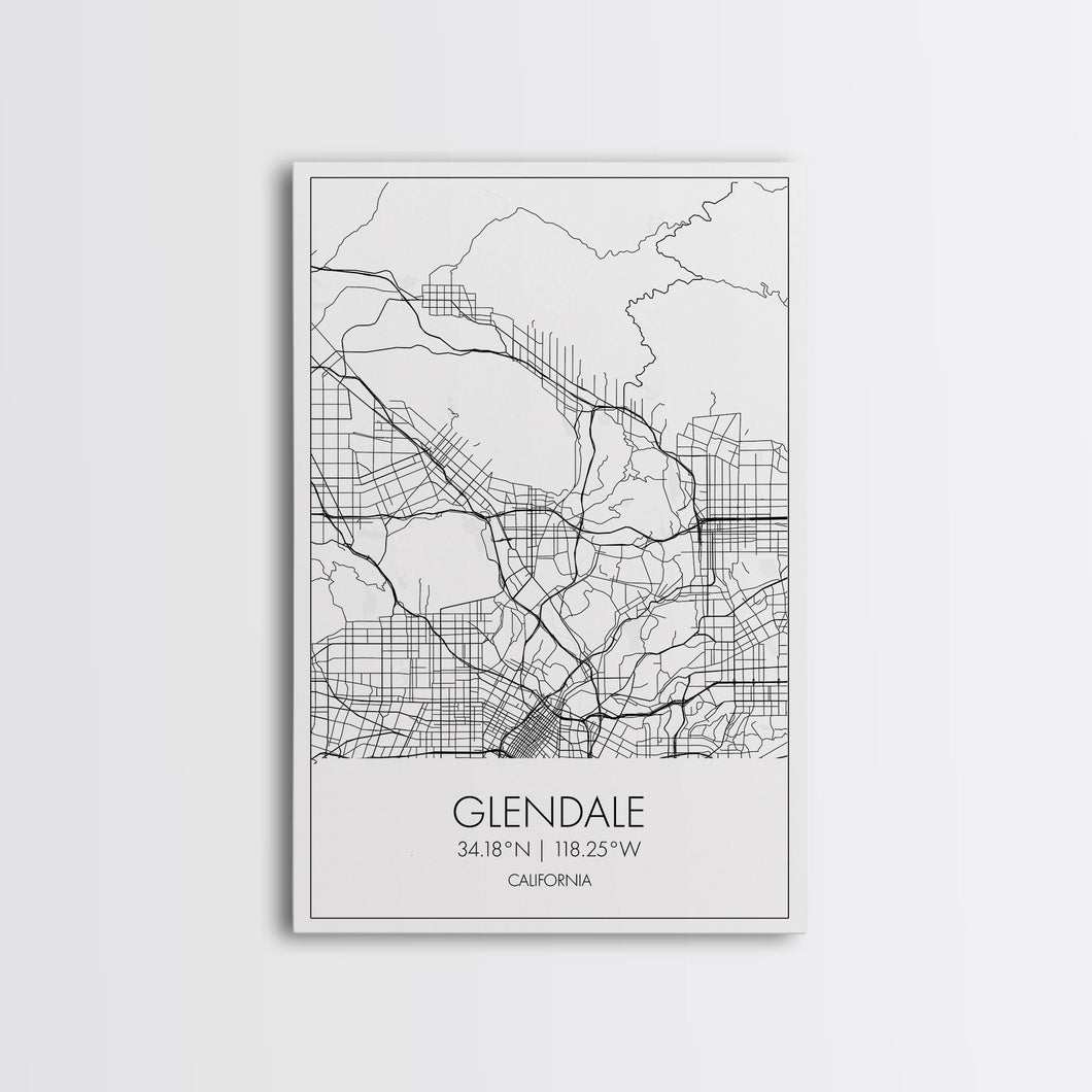 Glendale Street Map, California Map, City Map Art, Minimalist Art, Wall Art, Canvas Print, Black And White Map, Gifts For Him, Travel Art