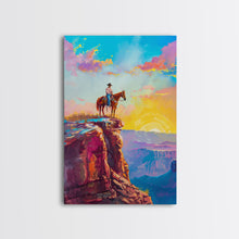 Load image into Gallery viewer, Cowboy on Cliff Edge at Sunrise - Colorful Western Landscape Painting, Framed Canvas Print, Sunrise Wall Art, Living Room Decor
