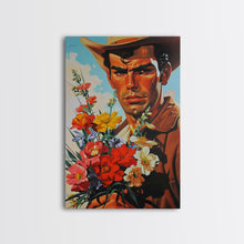Load image into Gallery viewer, Cowboy with Bouquet of Flowers - Framed Canvas Print, Western Living Room Art, Rustic Bedroom Decor, Americana Art, Wall Art
