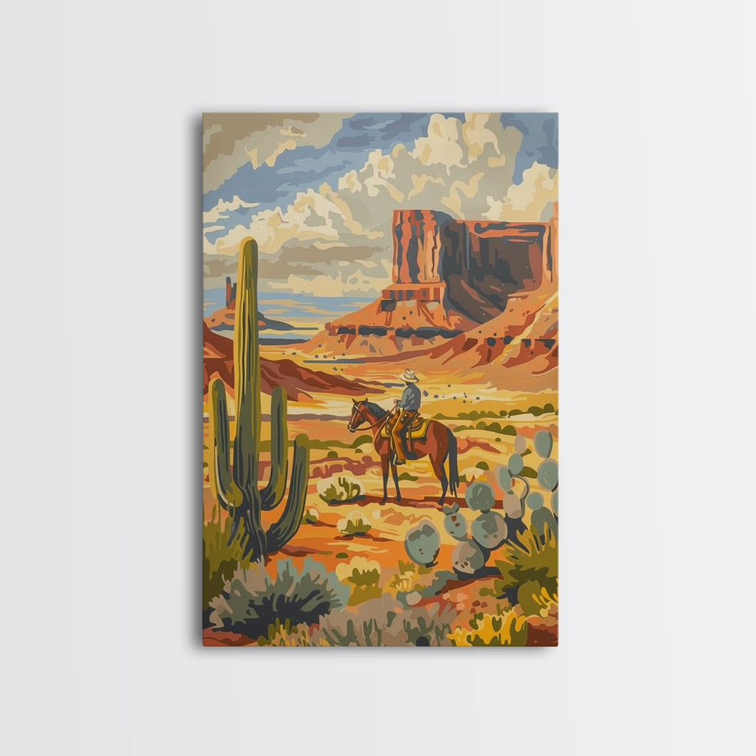 Desert Cowboy Riding Through Cactus - Framed Canvas Print, Western Landscape Art, Southwestern Wall Art for Home Decoration
