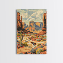 Load image into Gallery viewer, Cowboy in Southwestern Desert Landscape - Framed Canvas Print, Western Wall Art, Desert Scene Art, Cactus Decor for Living Room
