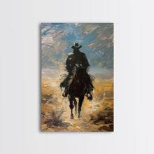 Load image into Gallery viewer, Lone Cowboy Riding into Sunset - Framed Canvas Print, Western Art, Living Room Decor, Cowboy Art for Bedroom, Rustic Wall Art
