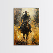 Load image into Gallery viewer, Cowboy Riding Horse into the Distance - Framed Canvas Print, Western Art, Rustic Decor, Living Room Wall Art, Cowboy Themed Art

