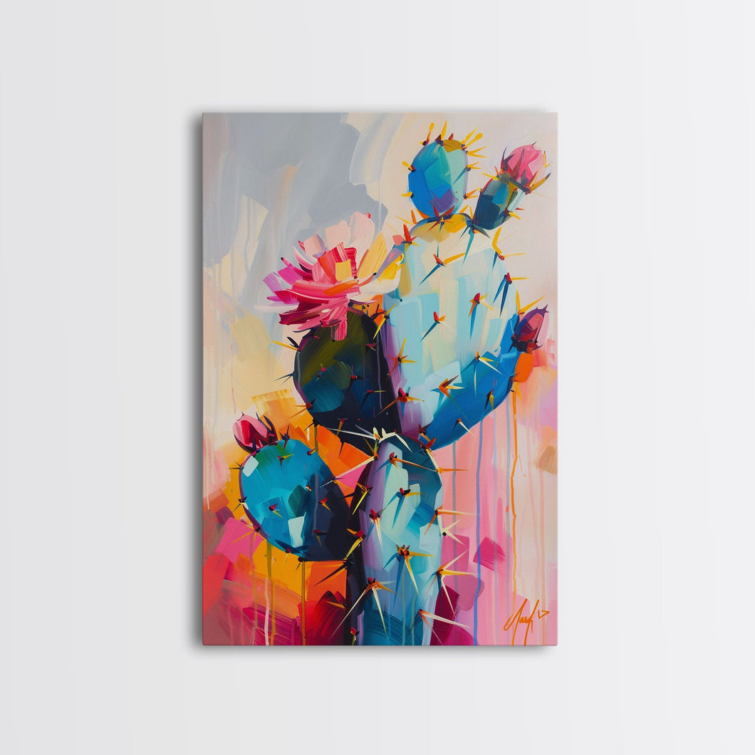 Flowering Cactus Framed Canvas Print - Desert Plant Wall Art, Living Room Decor, Modern Artwork, Unique Succulent Art for Bedroom and Office