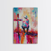 Carregar imagem no visualizador da galeria, Abstract Cowboy with Cross in Bold Hues - Framed Canvas Print, Modern Western Decor, Vibrant Cowboy Wall Art for Living Room or Bedroom
