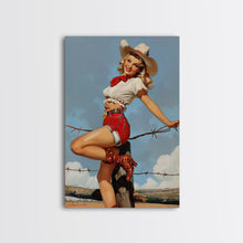 Load image into Gallery viewer, Vintage Cowgirl Pin-Up Art Print, Retro Western Framed Canvas, Classic Pin-Up Girl in Cowboy Hat and Boots, Unique Wall Decor
