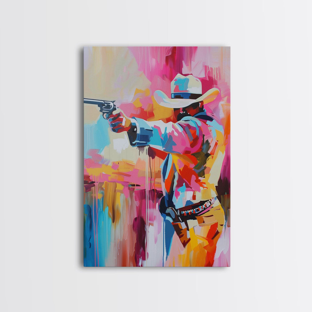 Dynamic Cowboy with Gun - Framed Canvas Print, Action-Packed Western Art, Bold Cowboy Wall Art for Living Room Decor