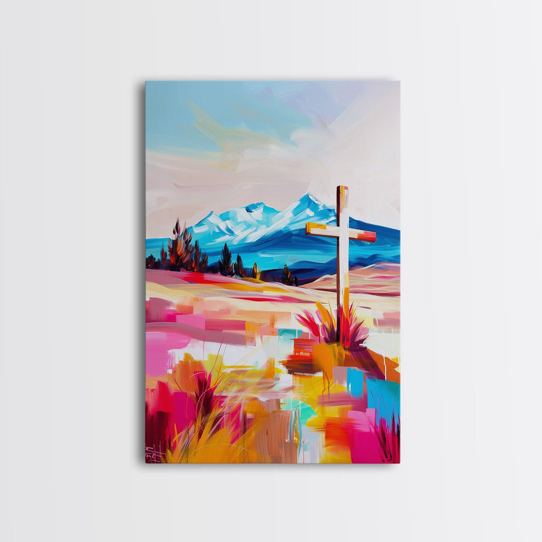 Cross with Mountain Backdrop - Framed Canvas Print, Scenic Western Art, Inspirational Wall Art for Bedroom Decor