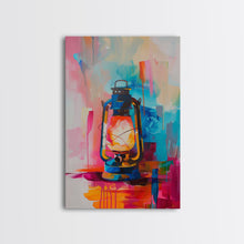 Carregar imagem no visualizador da galeria, Brightly Painted Oil Lamp - Framed Canvas Print, Vibrant Western Art, Rustic Lamp Wall Art for Living Room Decor
