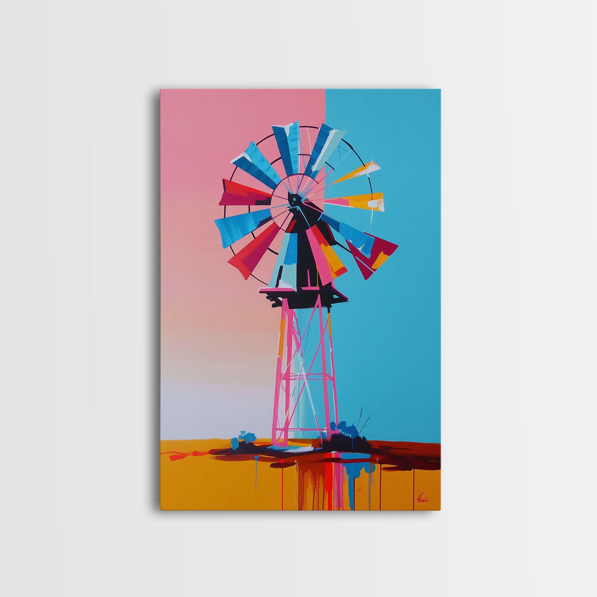 Bright Windmill Abstract Art - Framed Canvas Print, Whimsical Windmill